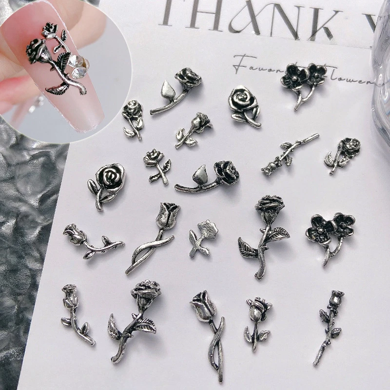 20pcs Nail Retro Alloy Rose Decorations 3D Camellia Flowers Silver Metal Manicure Diamond Accessories