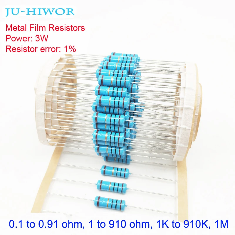 3W 1% Tolerance Metal Film Resistors 0.1-0.91 1-910 1K-910K 1M 100 200 300 1K 2K 3K Ohm Resistor Electronic Accessories