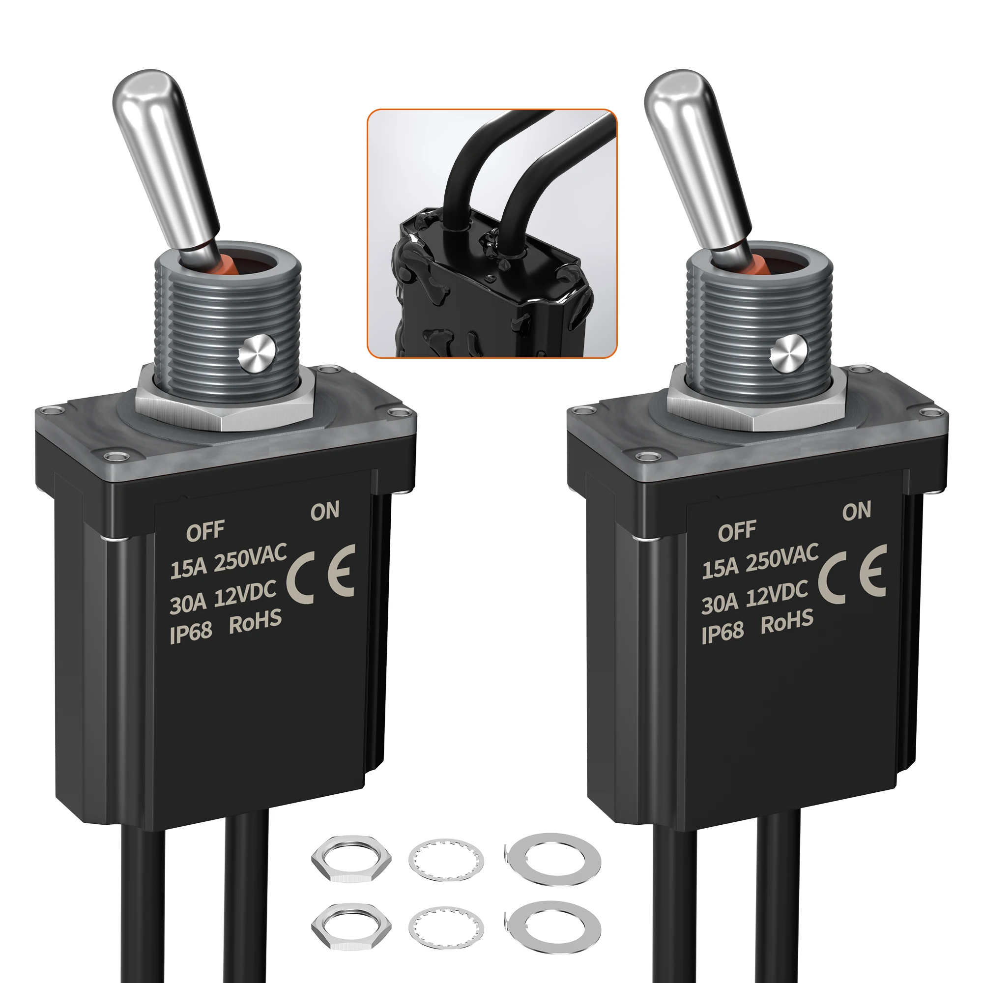 2PCS Toggle Switch 12V IP68 Waterproof Pre-Wired SPST ON-Off Switch 12V DC 30A Heavy Duty Latching Rocker Switch Fit for Car RV