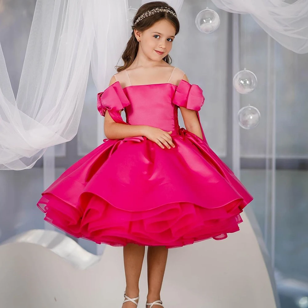 

Fuchsia Flowers Girl's Party Dresses Off-shoulder Puffy Princess Pageant Prom Gowns A-line Knee Length Bow Black Birthday Outfit