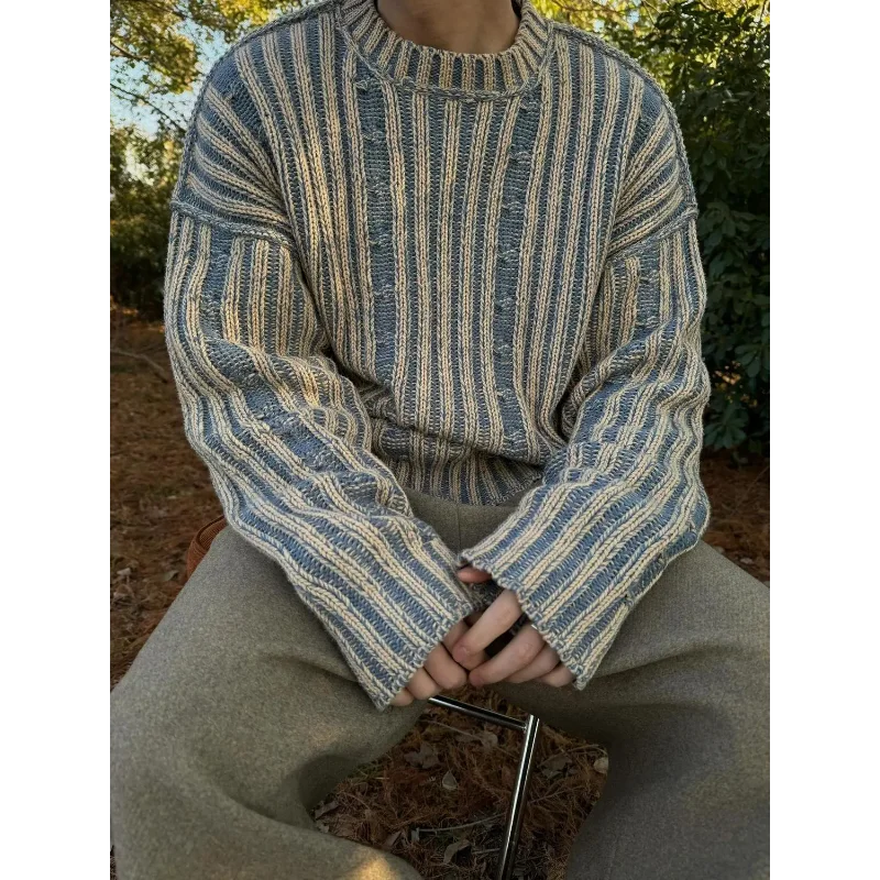 

Премиальный вязаный свитер с круглым вырезом в полоску, мужской повседневный пуловер в стиле ретро с цветными блоками, стиль для пары