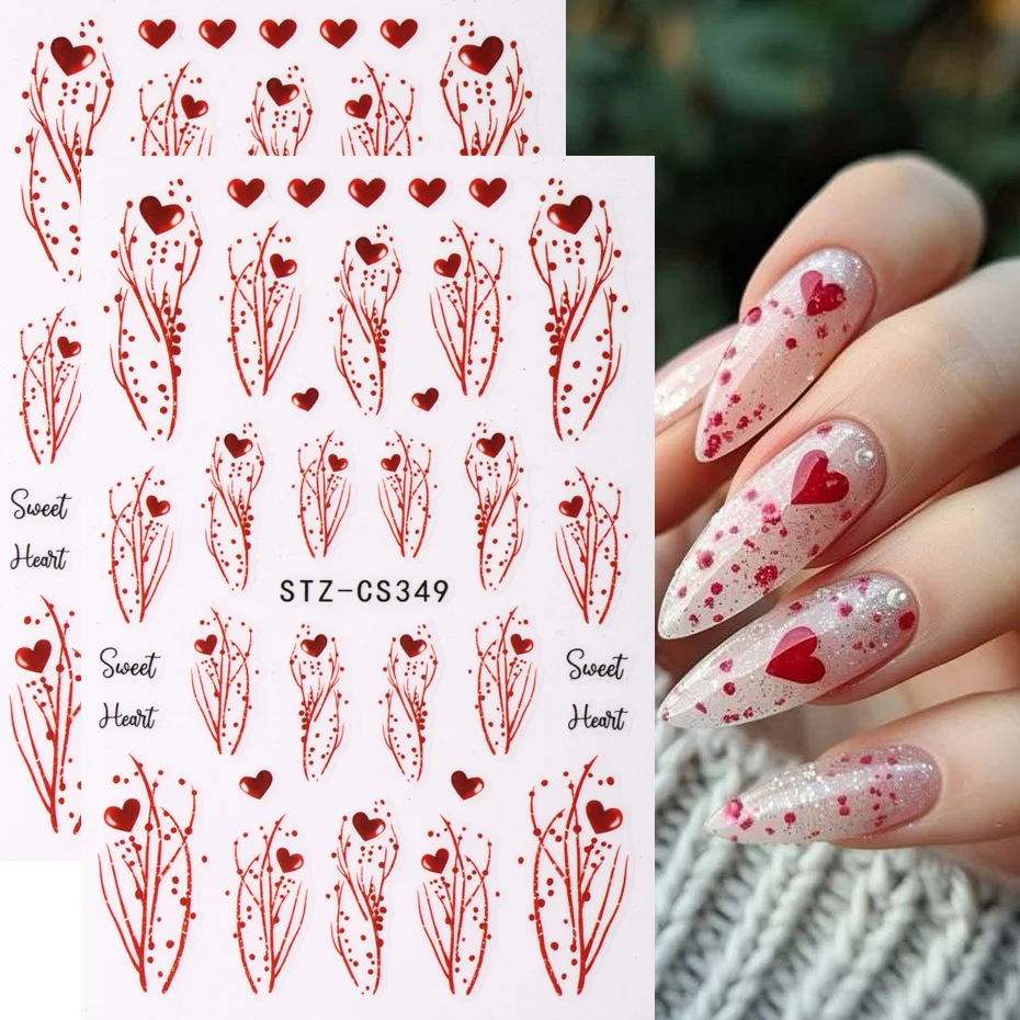 Ensemble d'autocollants pour ongles en forme de cœur, décalcomanies pour ongles en forme de cœur, ligne rouge et rose, modèles d'ongles auto-adhésifs romantiques pour femmes et s, accessoires pour ongles