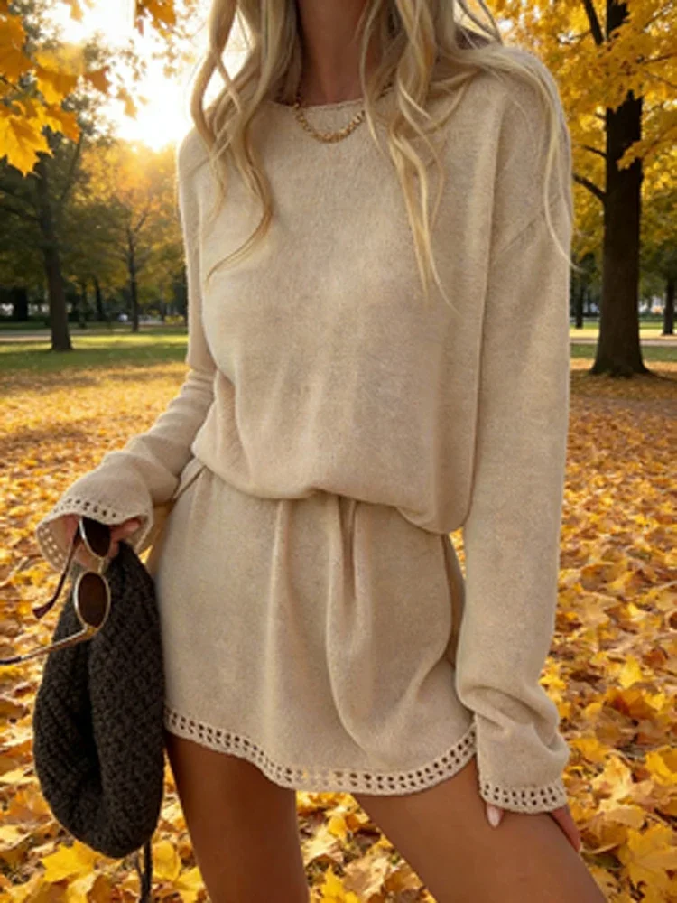

Women Casual Knitted Lace Up Mini Dress Chic Long Sleeve Round Neck Hollow Loose Dresses 2026 Lady Summer Vacation Beach Gown