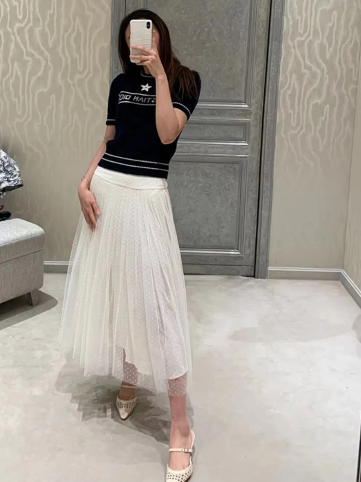 Nowa spódnica Klasyczna Retro Wszechstronna Modna Siatkowa Jedwabna Wewnętrzna Podszewka Flock Dotted Wysoka Talia Plisowana