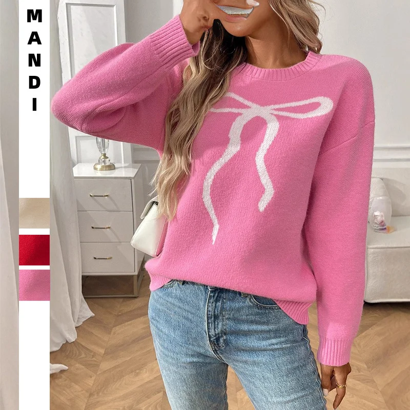 

2025 New Women's Style Retro Casual Bow Jacquard Sweater