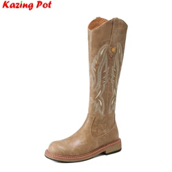 Krazing Pot Cow Leather Embroider Chunky Med Heels Modern Western Boots Brand Winter Warm Casual Vintage Elegant Knee High Boots