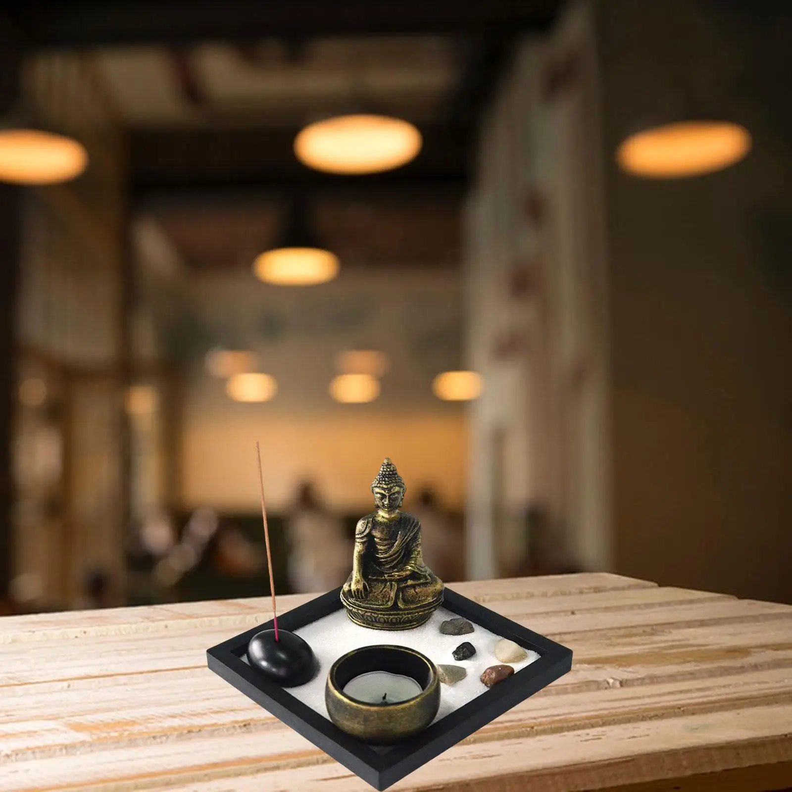 Buddha Sand Desktop Garden Peaceful with Buddha Statue, , Sand, Tealight Candle Holder and Wood Tray for Tabletop