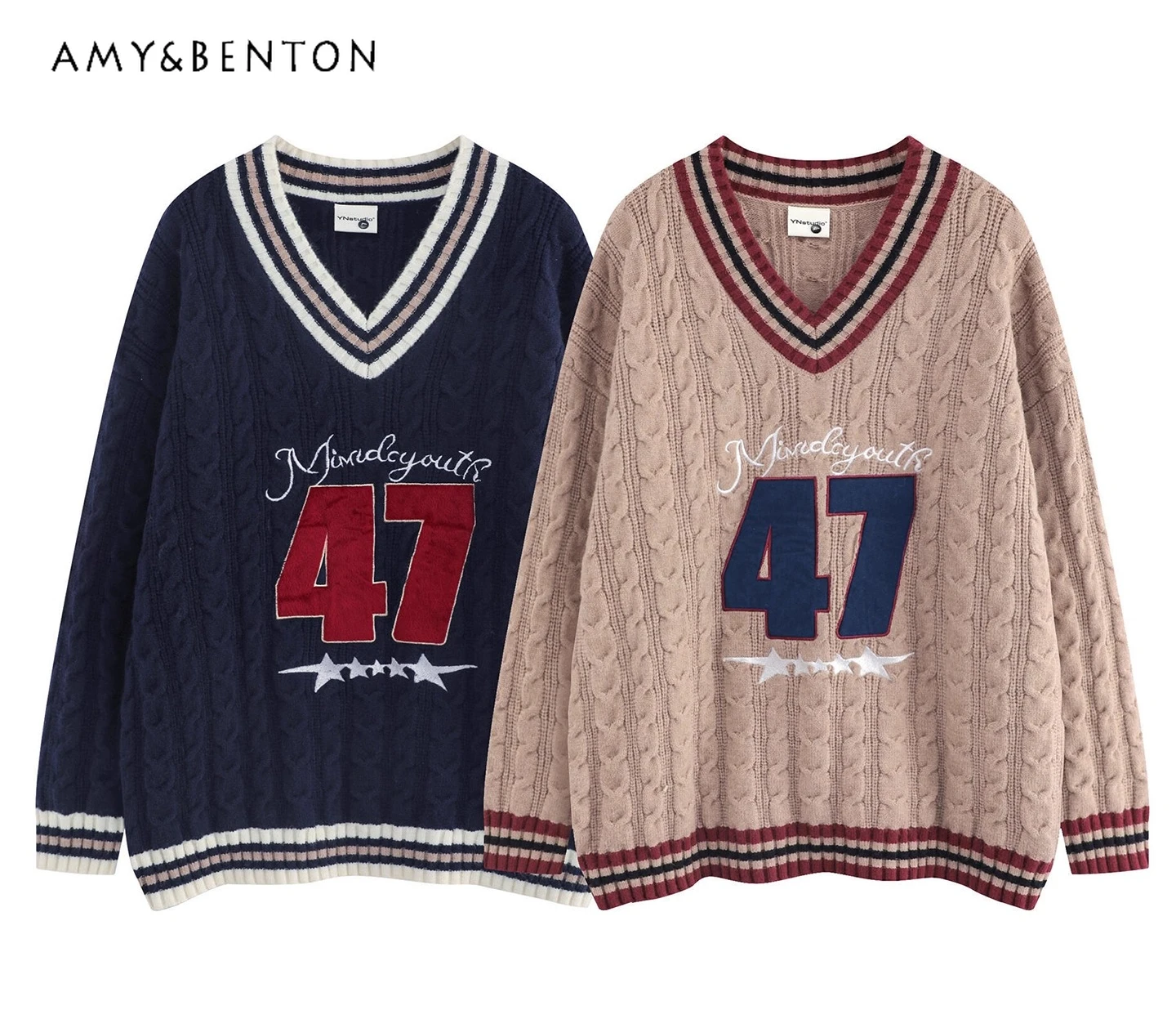 

Осень-зима 2022, новый американский ретро-стиль, свитер цвета хаки с цифровой вышивкой и v-образным вырезом, женский свободный повседневный синий трикотаж