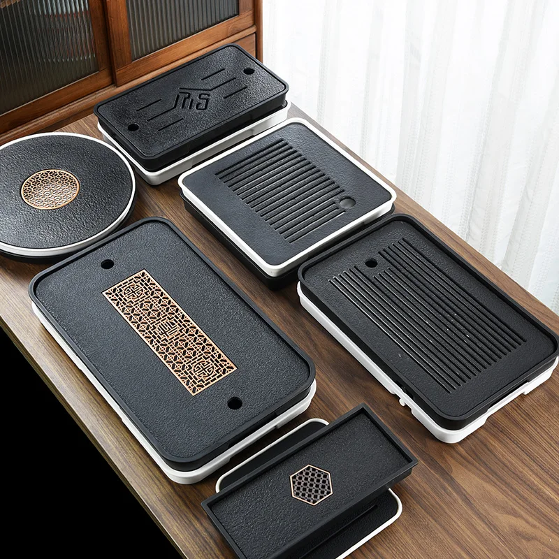Black Gold Ceramic Stone Tea Tray for Home Storage and Drainage, Dry Brewing Table, Tea Ware, Cup, Plastic Pallet Bottom