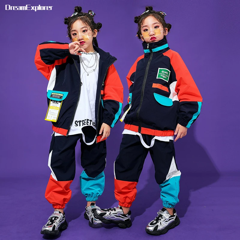 Boys Hip Hop Contrast Jacket Street Dance Loose Pants Girls Patchwork Coat Joggers Child Jazz Sport Clothes Sets Kids Streetwear