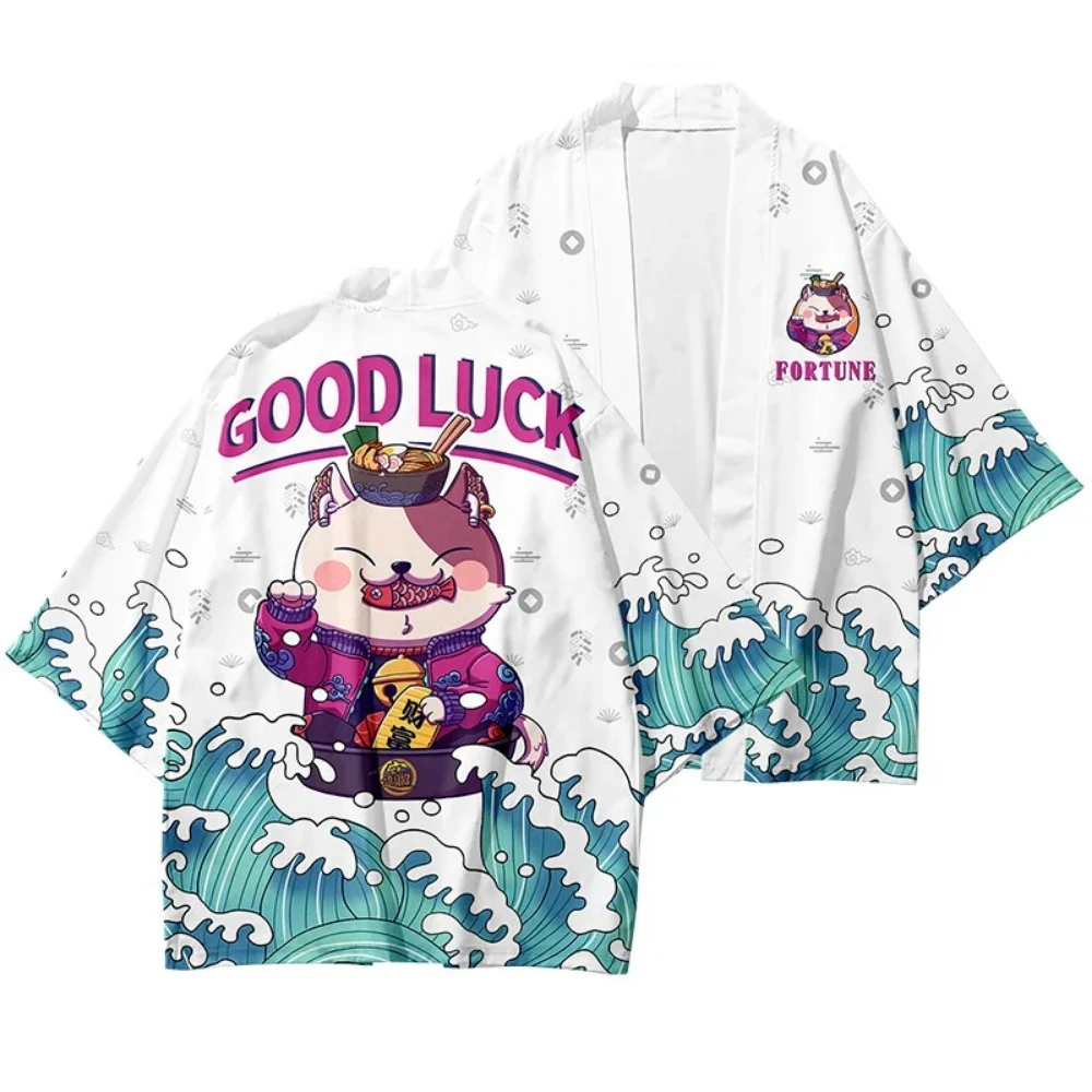 

Fortune Cat Kimono Traditional Japanese Summer Beach Yukata Hao Li Cartoon Fashion Men Women Asia & Pacific Islands Clothing