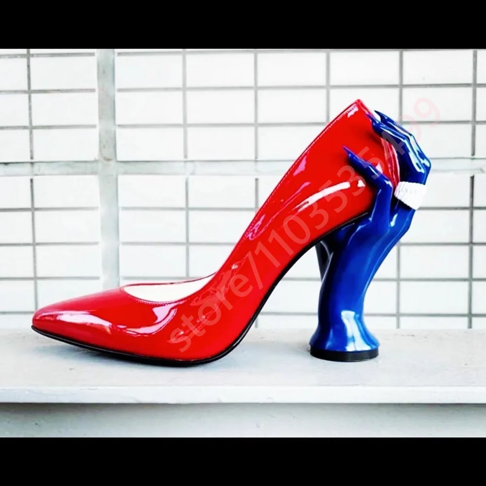 2026 Summer New Fuchsia Patent Leather Pointed Toe Pumps with Unique Turquoise Hand-Shaped Heel Women's Novelty Party High Heels