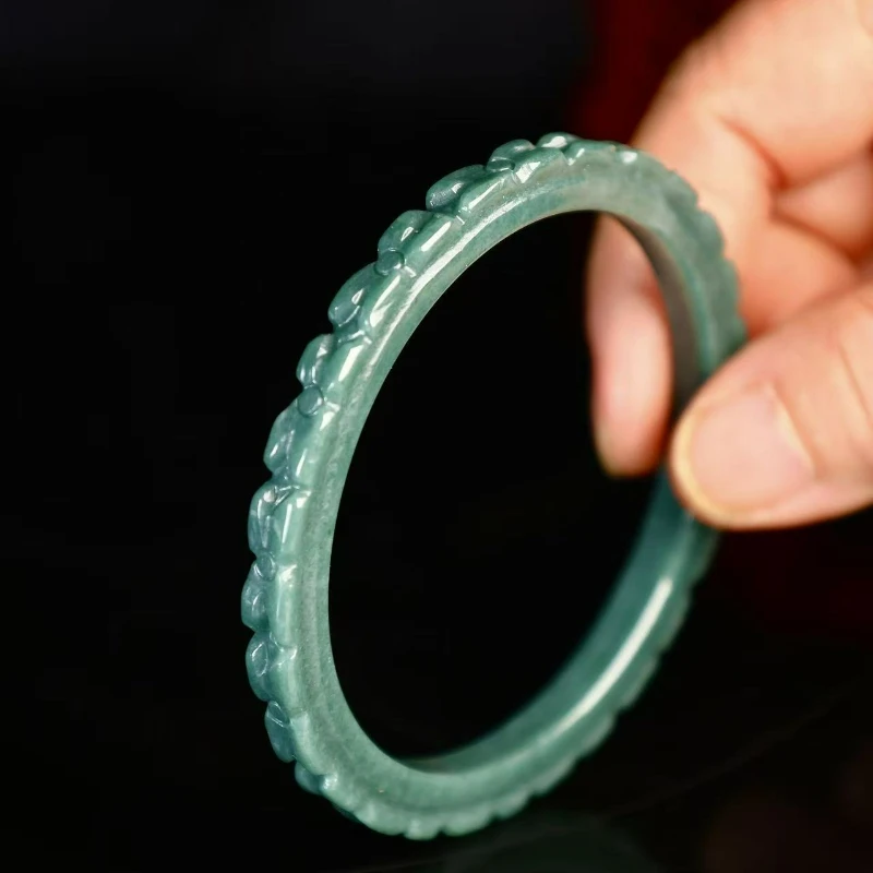 

Браслет из натурального жадеита «Голубая вода» с тонкой резьбой, узкая версия, с узором «Цветы сливы», ювелирное украшение, женский бутик-подарок к празднику