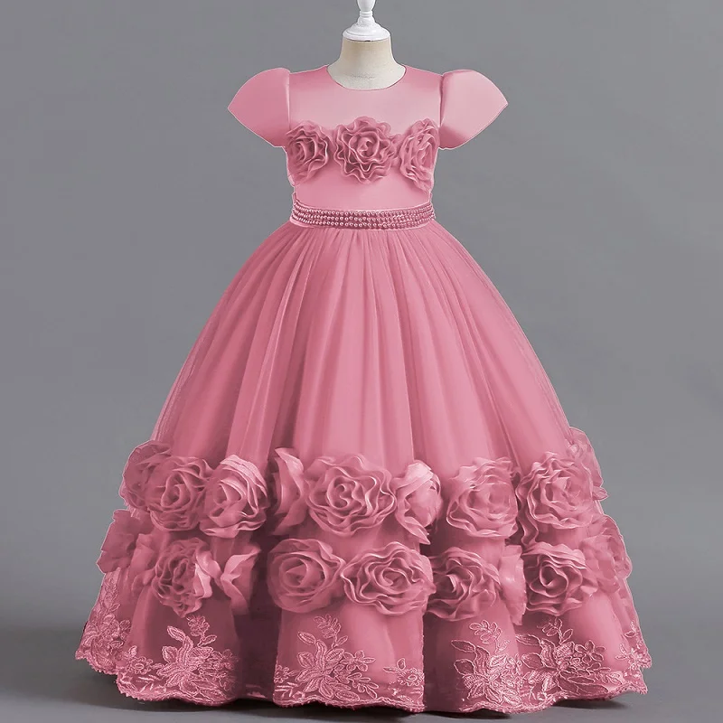 4-12t Mädchen bestickte Blume Poncho Kleid Bankett Host Performance Kleid Kinder Perle bestickt Prinzessin Kleid