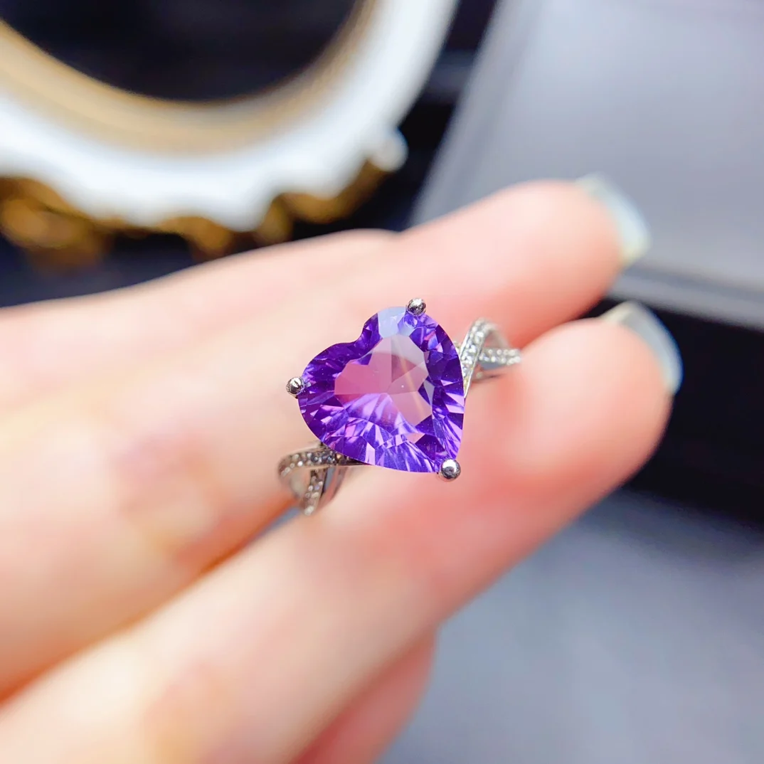 

FS Fashion 10mm Natural Heart-shaped Amethyst Real S925 Sterling Silver Ring Fine Charm Weddings Jewelry for Woman MeiBaPJ