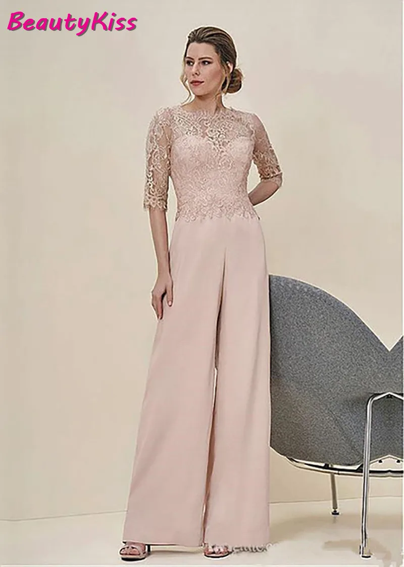 Jumpsuit Mother Of The Bride Dress Lace Half Sleeves Elegant Wedding Guest Dress Zipper Back Long Groom Mother Pant Suit