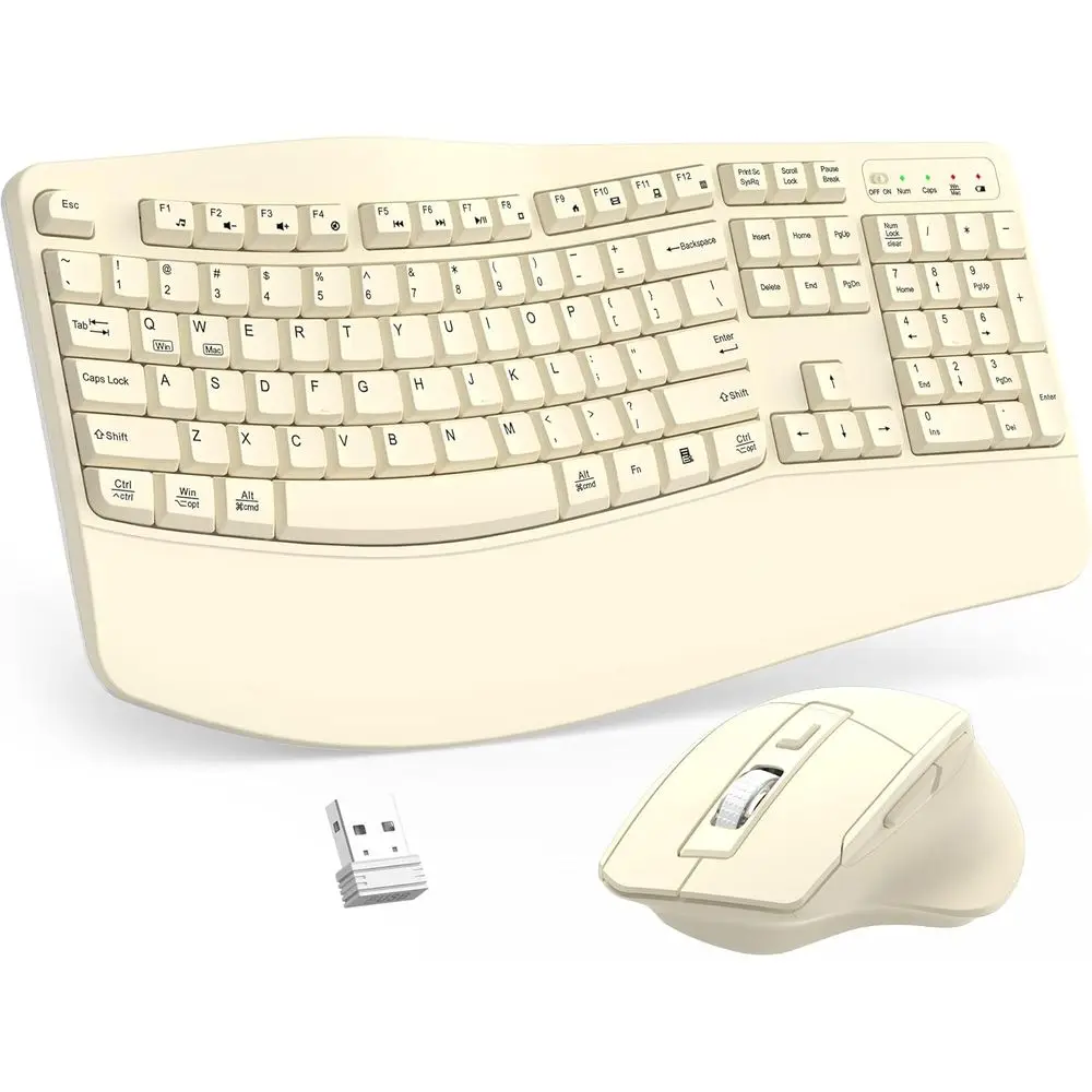 

2.4G Full-Size Ergonomic Keyboard with Wrist Rest and 3-Level DPI Adjustable Wireless Ergonomic Mouse for Windows OS Desktops/La