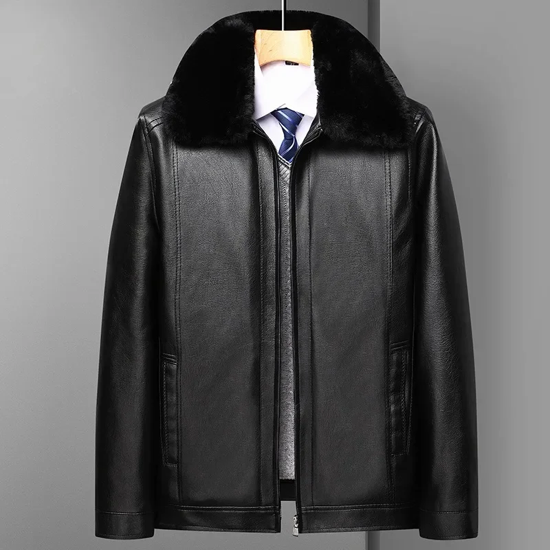 Middle-aged winter loose casual fur one middle-aged and elderly leather jacket men's new plus velvet dad wear pu leather jacket