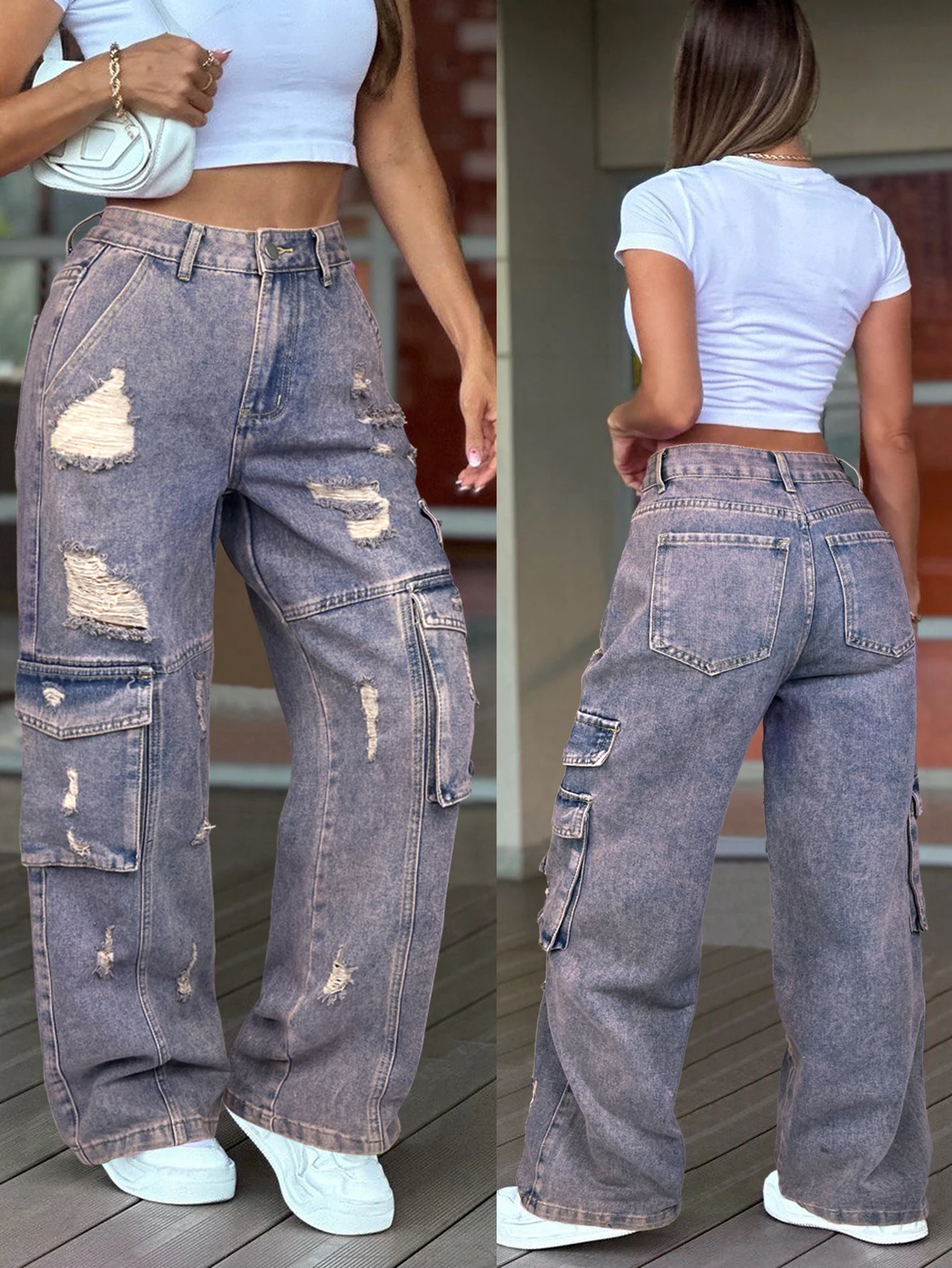 Vintage Säuregewaschene Utility-Jeans mit hoher Taille und weitem Bein, Grunge Washed Distressed Low Rise Straight Baggy Jeans Damen