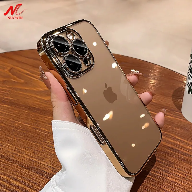 Luxury Plating Soft TPU Case for iPhone 16 Pro Max Plus iPhone 11 12 13 14 15 Pro Max X Xs Xr Transparent Lens Protector Cover