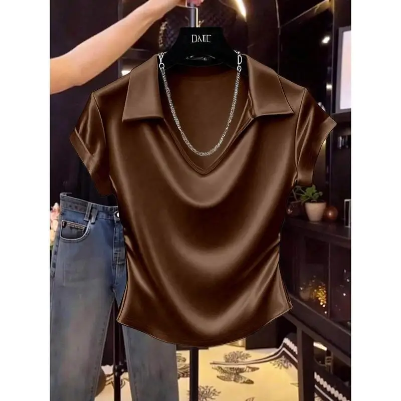 

Elegant Satin Collar Top for Women Stylish Classy Feelment Sleeveless Summer Top Quality Fabric Ladies Fashion T-shirt