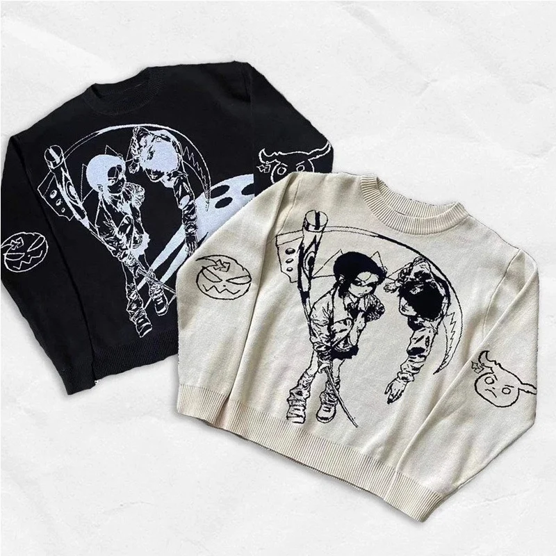 New Hip Hop Gothic Dark Anime Print Streetwear Knitted Sweater Men Pullover Autumn Harajuku Sweater Women Oversized Sweate