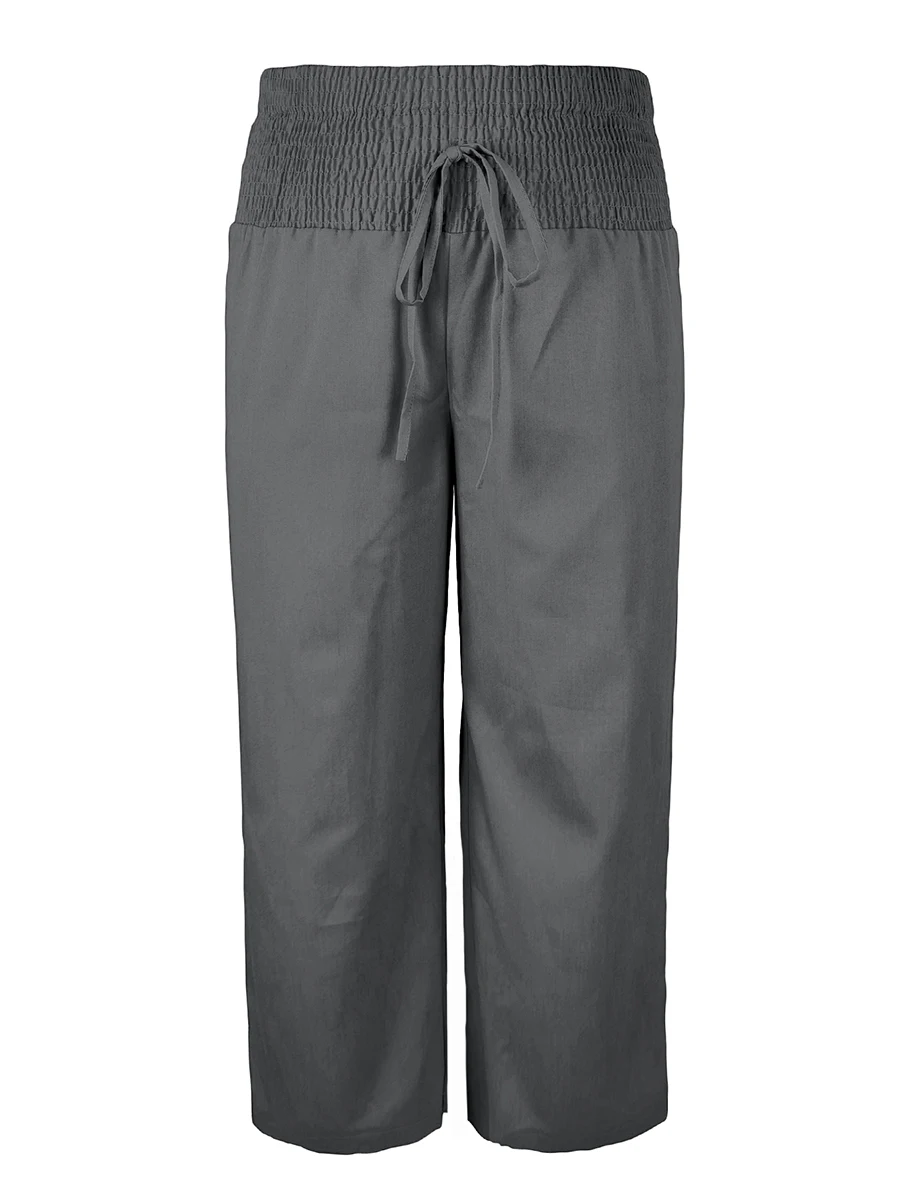 New Plus Size Women Pants High Waist Wide Leg Trousers Casual Loose Elastic Waist Drawstring Solid Cotton Linen Baggy Pants