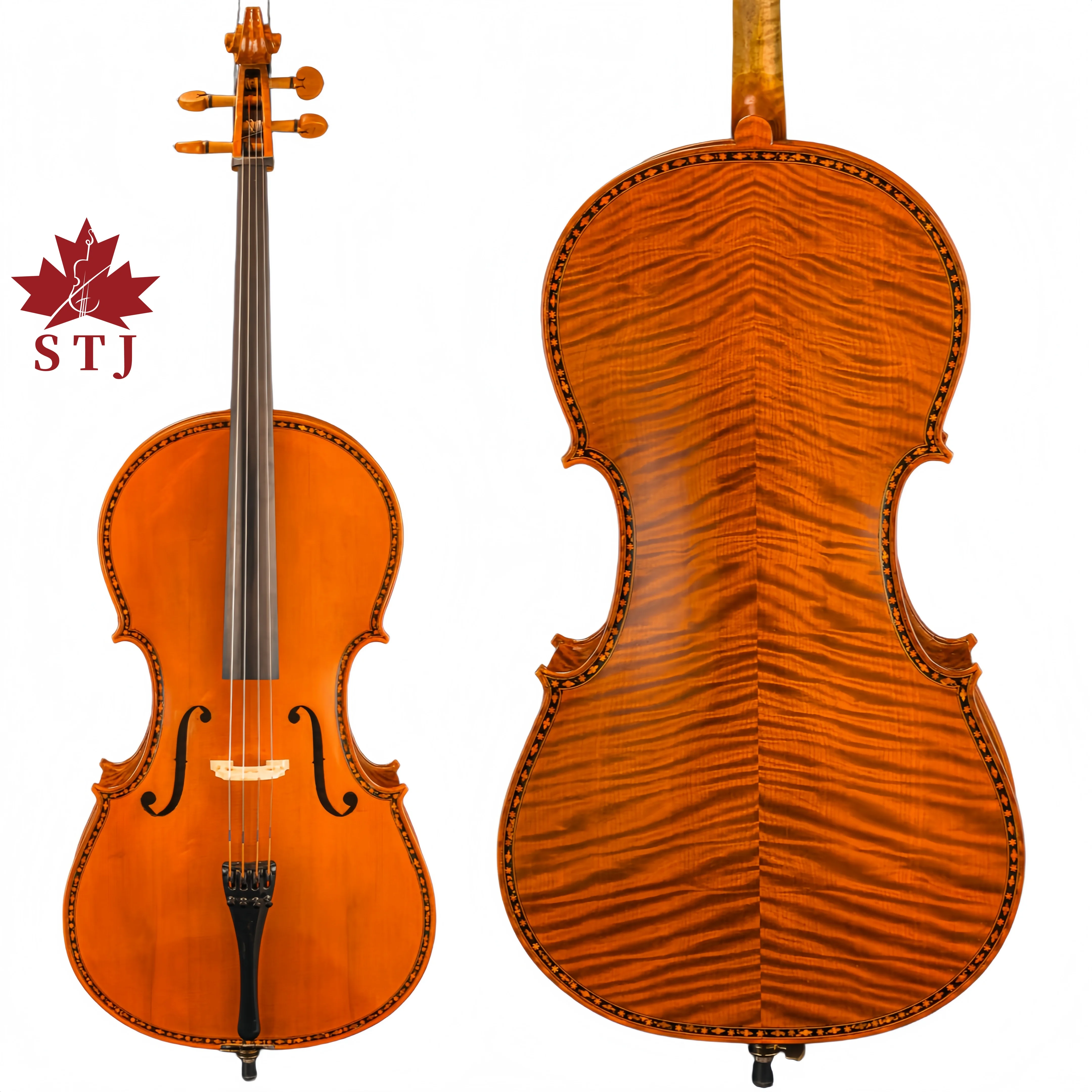 Violonchelo STJ Flame Maple 4/4, Violonchelo Profesional Maestro, Violonchelo Hecho a Mano con Barniz al Óleo, Sonido Enorme y Potente
