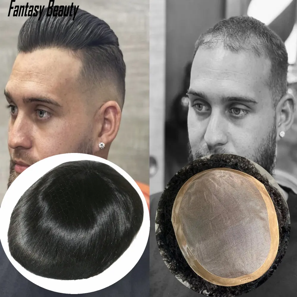 Perruque Fine Mono et PU Base pour Homme, Cheveux Humains Durables, Prothèse Capillaire Masculine, Toupet 7x9 ", Remplacement de Cheveux, Système Respirant