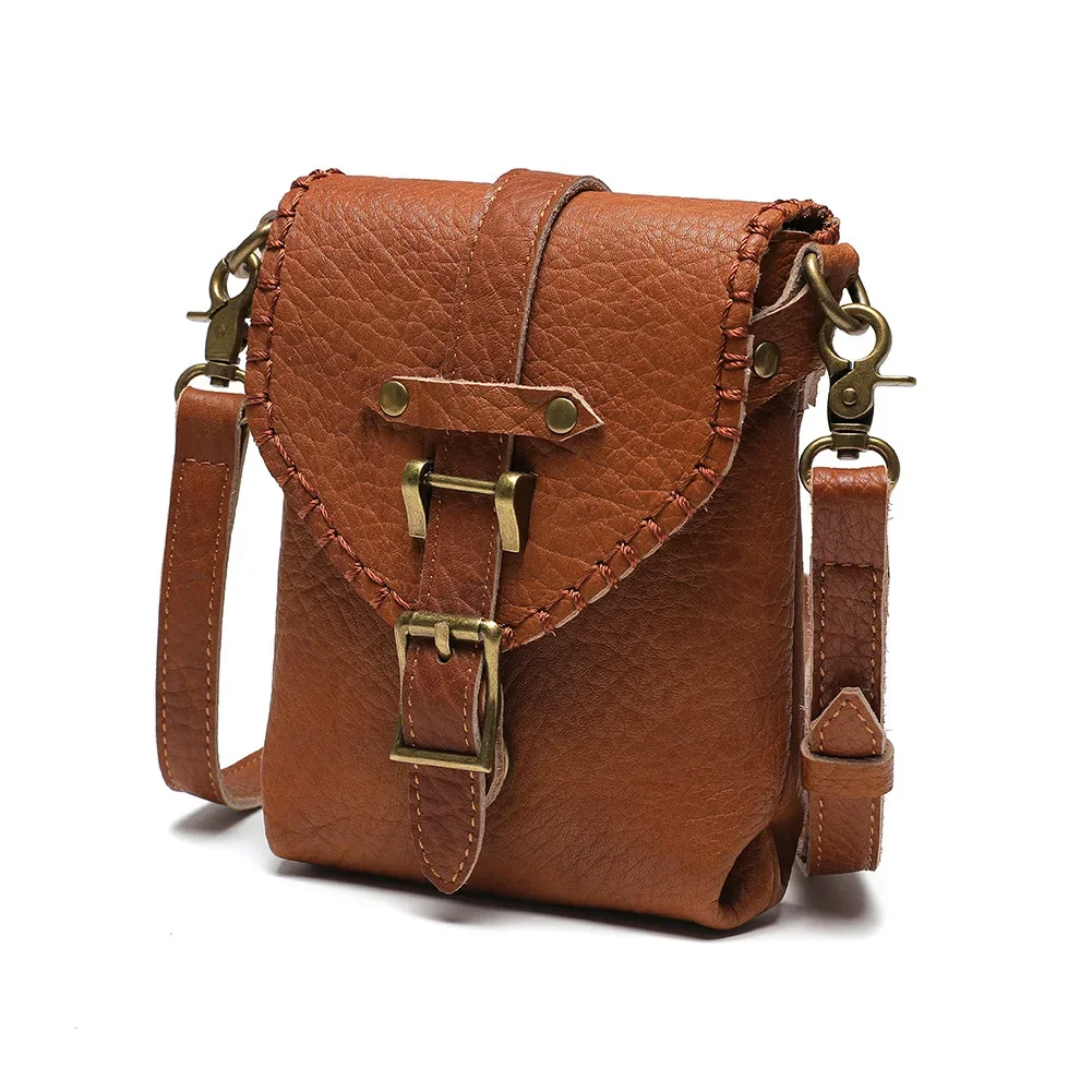 American retro, niche first-layer cowhide mobile phone bag, female messenger small square bag, casual leather women's bag