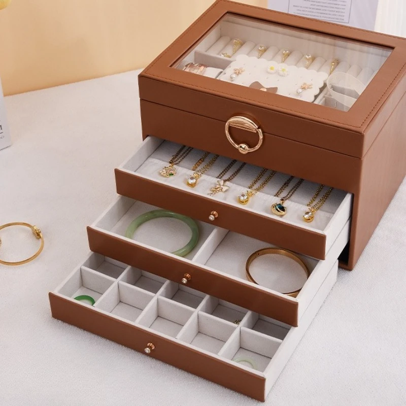 

Leather Jewelry Box Woman Bracelet Earrings Storage Boxes Transparent Glass Ring Necklace Display Case Jewellery Organizer Gift