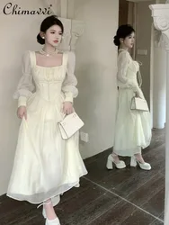 Fashion Elegant Women's Square Collar High Waist Women's Dress Spring French Elegant Sweet Puff Sleeve Slim Long A-Line Dress