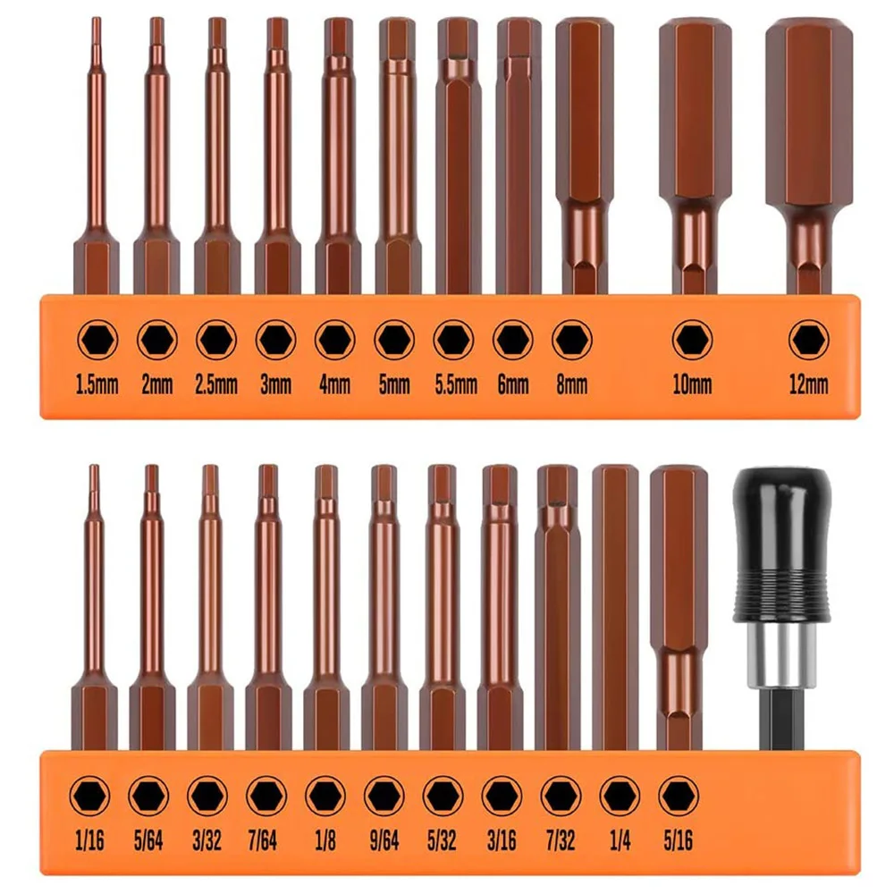 23Pcs 65mm Long Bit Hex Head Allen Wrench Drill Bit Set Metric SAE S2 Steel Hex Bits Set Magnetic Screwdriver Bits Wrench Drill