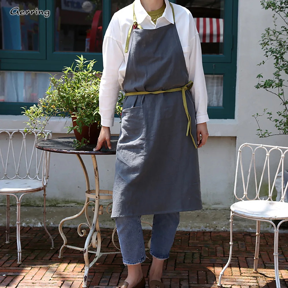 Gerring neue japanische Schürze Frau Baumwolle Leinen Kleid lose ärmellose Kunst Küche atmungsaktive Schürzen für Frauen mit Tasche