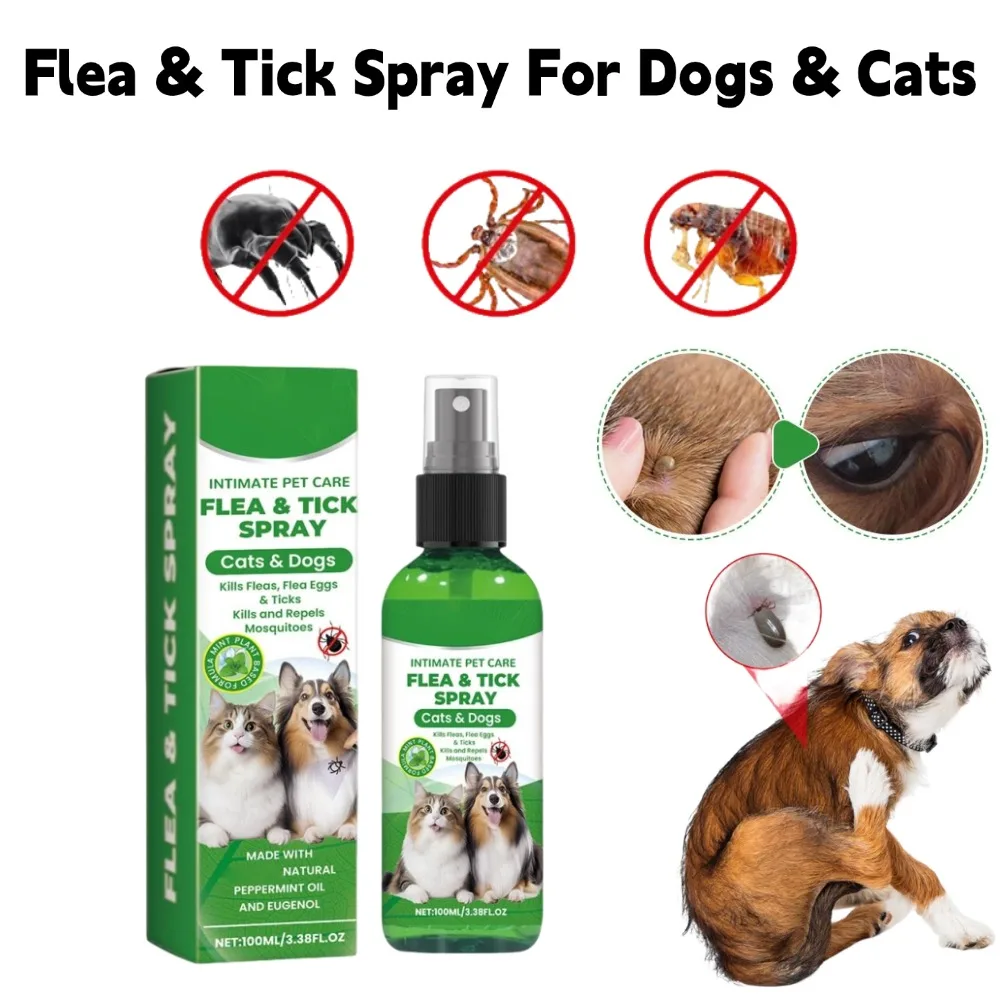 Spray Antipulgas y Garrapatas para Perros y Gatos, 100 ml, Eliminador de Pulgas, Alivio del Picor, Repelente de Insectos, Eliminador de Ácaros, Piojos y Mosquitos, Cuidado de la Piel de las Mascotas