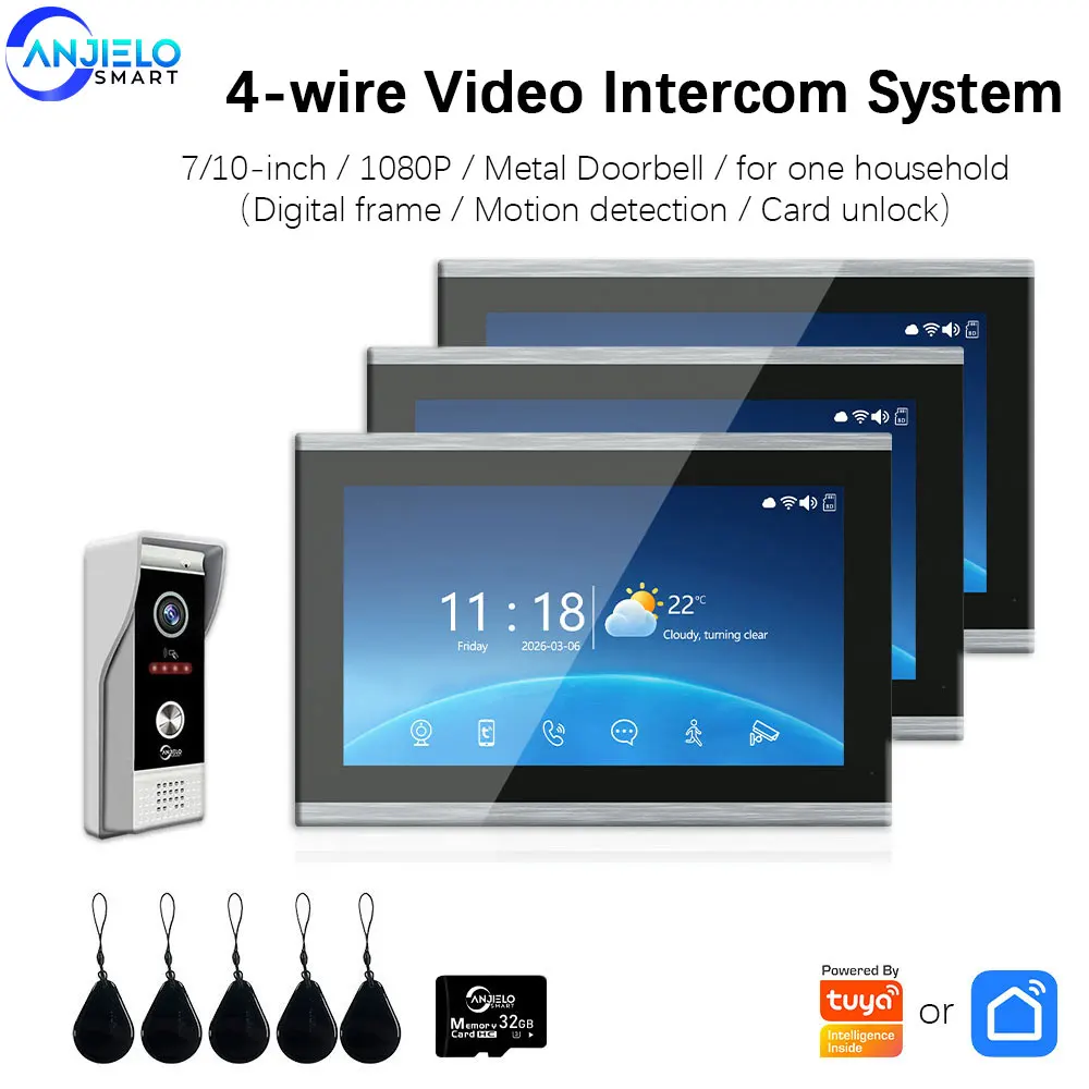 ANJIELO 1080P Wifi Video Doorbell Intercom Tuya Smart Home Doorphone RFID Access Control System for Villa Apartment 3 Rooms