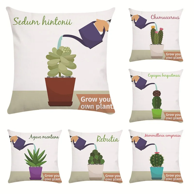 Fashion Home Decor Office Seat Cushion Cover Cactus Potted Succulent Plant Pattern Printed Super Soft Pillow Cover