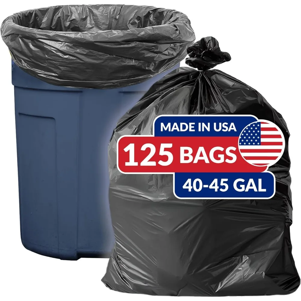 

Heavy Duty 40-45 Gallon Trash Bags, 125 Count, Made in USA, Black Multi-Use Garbage Bags