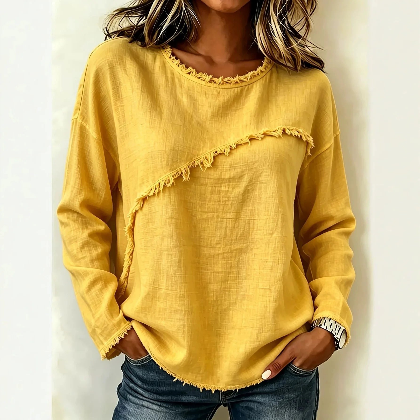 Women's Asymmetrical Raw Edge Top Crew Neck Long Sleeve Frayed Trim Loose Fit Casual Boho Blouse