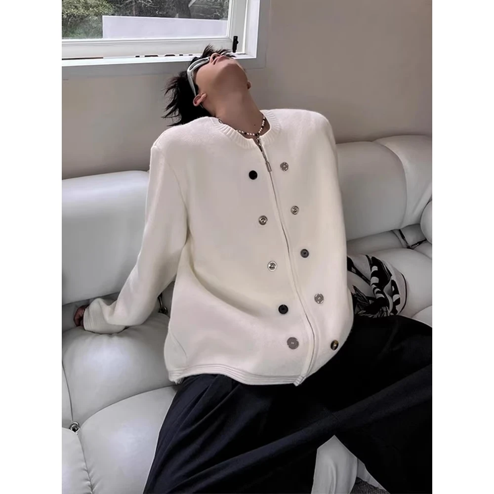 

Double-Row Button Knitted Sweater Coat Men's Loose Fit Korean Sle Autumn Winter Luxury Casual round Ne Polyester Fiber