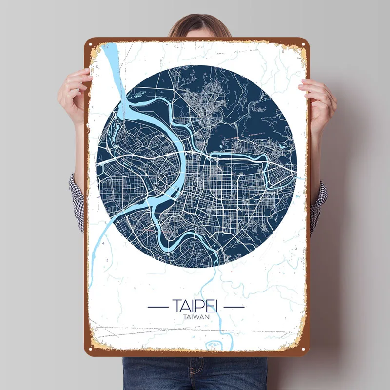 Тайпейская карта города, металлические вывески, карта, плакат, украшение для спальни, декор комнаты, мужская жестяная вывеска на заказ для настенного художественного украшения, ретро дом