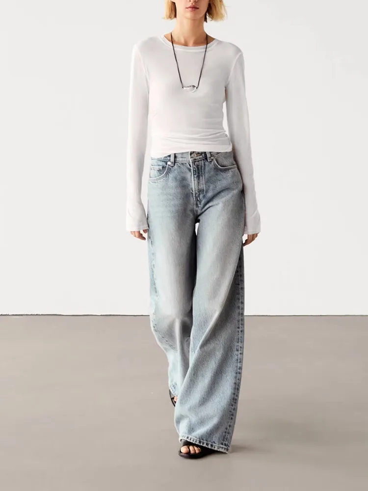 

Новые женские повседневные потертые широкие джинсы, осень 2024, длинные прямые брюки-трубы с талией, всесезонные брюки на молнии