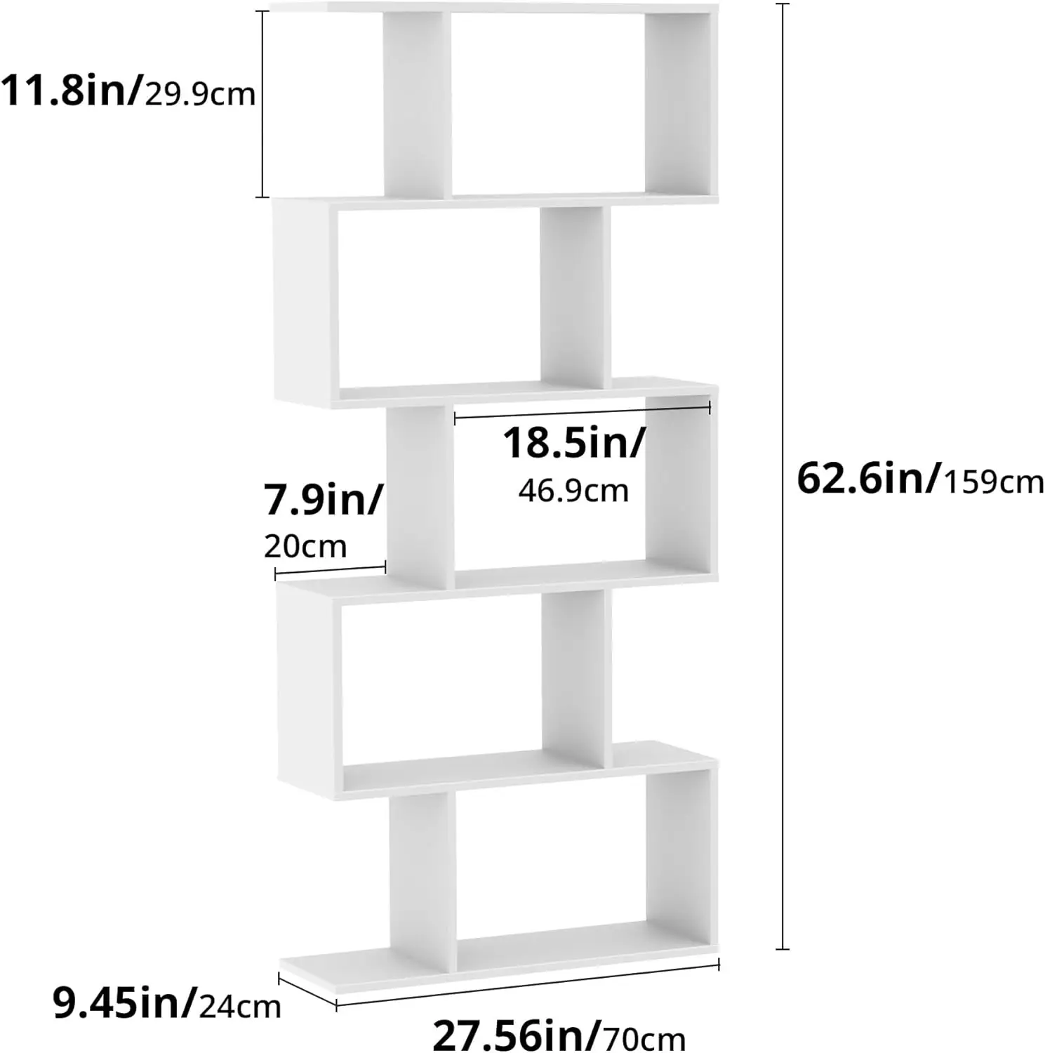 Comfortable Castle 2 sets of S-shaped geometric bookshelves, room partition bookshelves, 62 inch 5-story display shelves