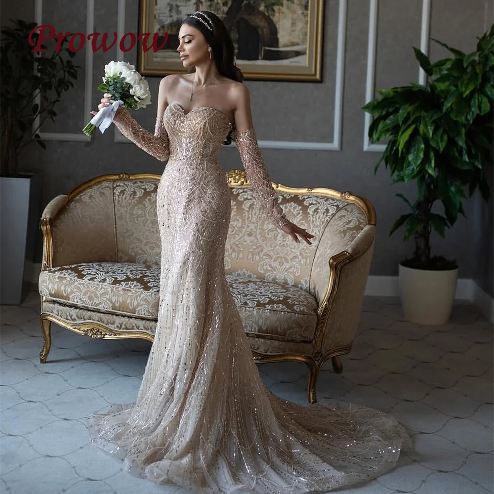 

Prowow Luxury Beading Mermaid Formal Evening Dresses Sweetheart Neck Arabic Wedding Party Gowns with Sleeves Customized