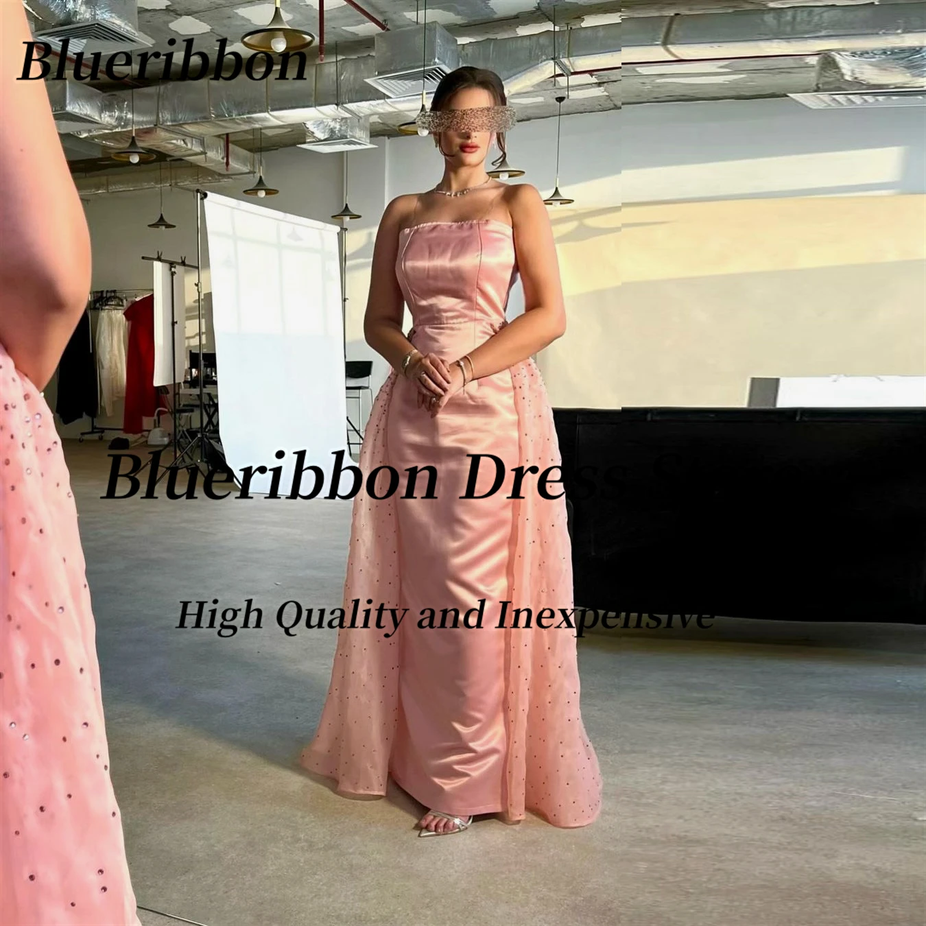 Blueribbon Pink Sheath Dresses for Prom Strapless Zipper Back Evening Party Dress Hot Drill Overskirts Special Banquet Ladies