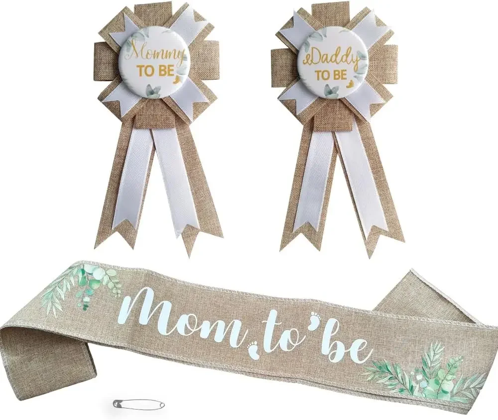 Sage Green Baby Shower Mom to Be Sash & Dad to Be Badge Set for Gender Reveals Party Decorations Baby Shower Photo Props Gift