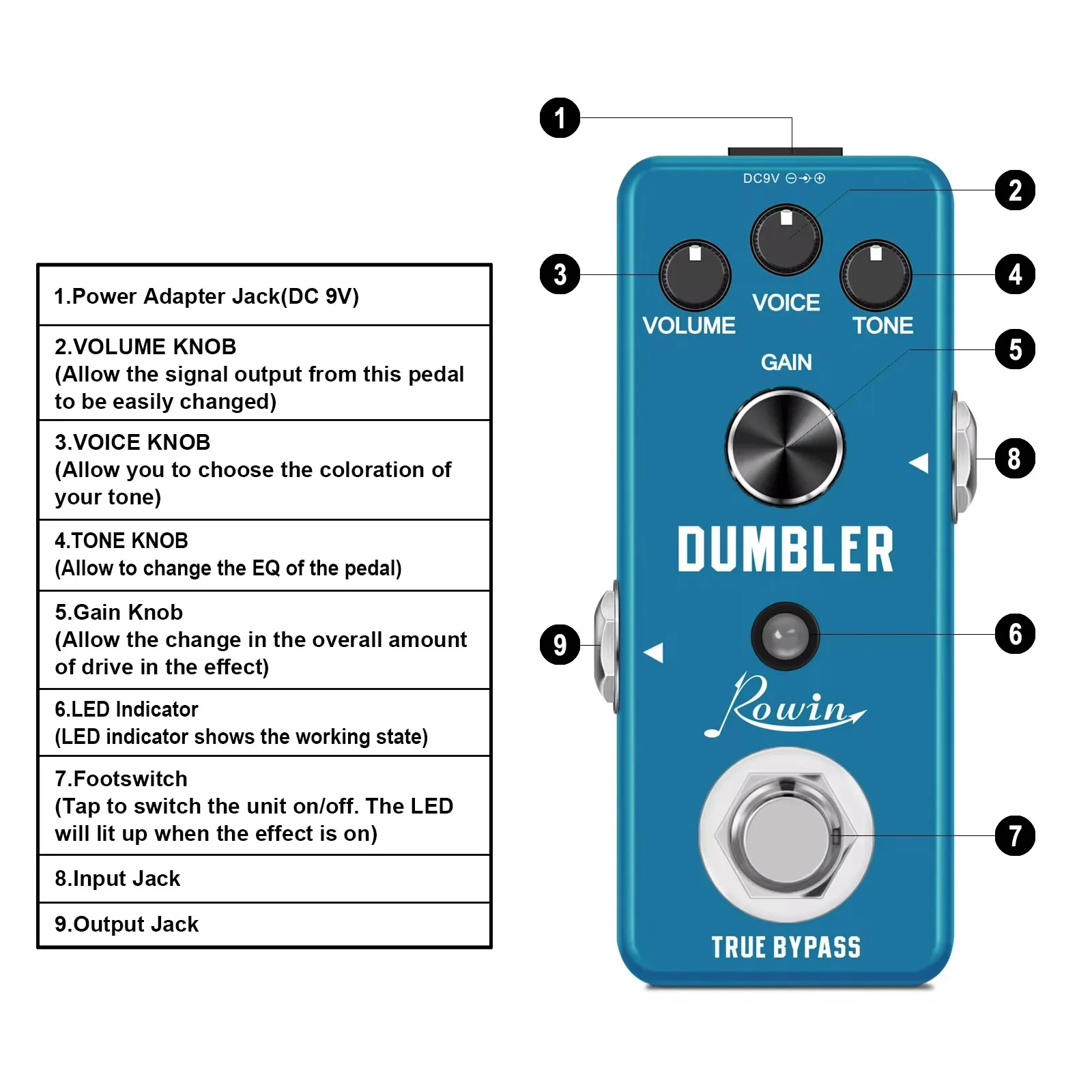 Rowin 기타 페달 Zen-driver Dumbler 이펙트 페달을 기반으로 한 중간 낮은 왜곡 Dumbal Dumble Drive True Bypass Effector