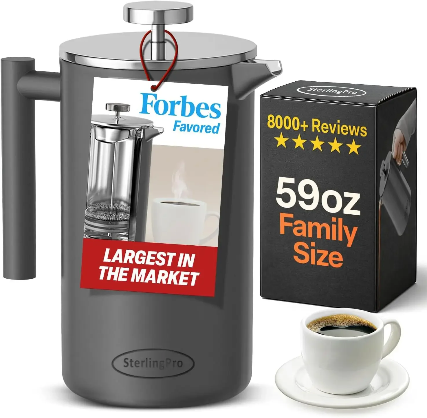 Extra Large Insulated Stainless Steel French Press Coffee Maker 59oz – Insulated Metal XL Double Wall Coffee Maker | Plastic Fre