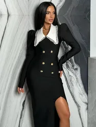 Women Celebrity Sexy Long Sleeve Patchwork Button Black Long Bodycon Bandage Dress 2024 Elegant Evening Club Party Dress