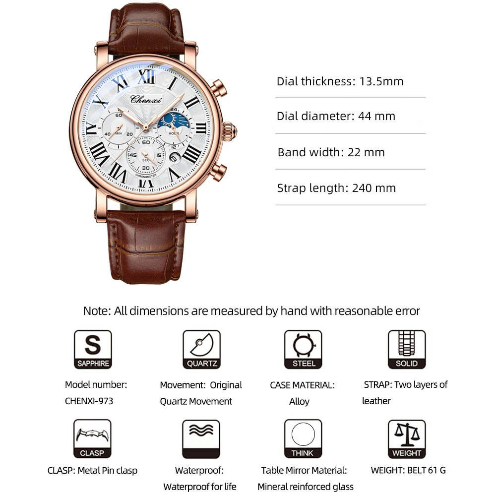 CHENXI Fashion Business Mens Watches Top Luxury Quartz Watch Auto Date Chronograph Men Leather Waterproof Wristwatch